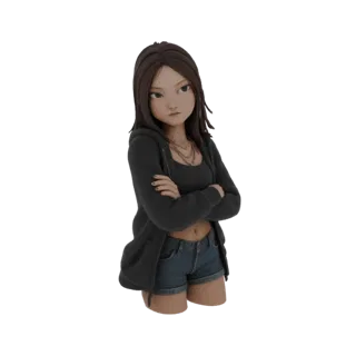 3D модель девушки-подростка с каштановыми волосами, в темной толстовке и джинсовых шортах, со скрещенными руками и сердитым в