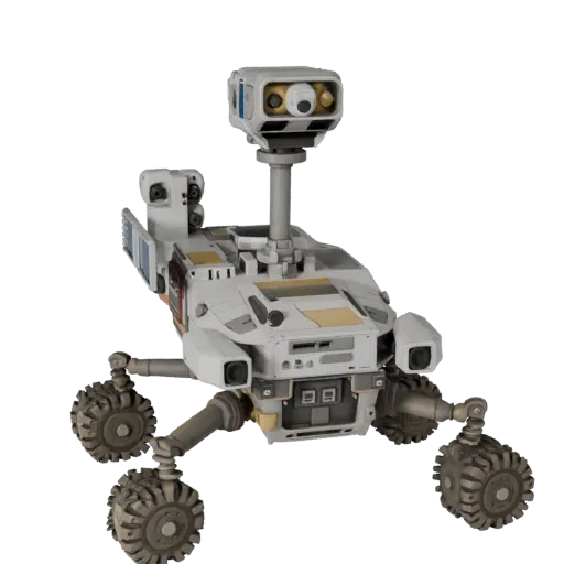 Модульная 3D-модель планетарного ровера "Prospector", изометрический вид модульного набора, показывающий пыльные колеса, поло