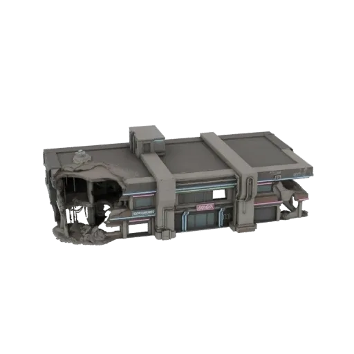 3D модель разрушенного киберпанк здания с неоновыми огнями и открытым интерьером.