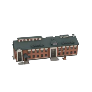3D модель современного кирпичного офисного здания с зеленой крышей и множеством окон на черном фоне.