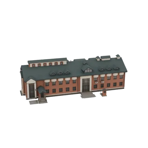 3D модель современного кирпичного офисного здания с зеленой крышей и множеством окон на черном фоне.