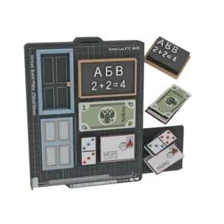 3D model of a virtual build plate with doors, money, dominoes, envelopes, and a chalkboard with Cyrillic text and math.