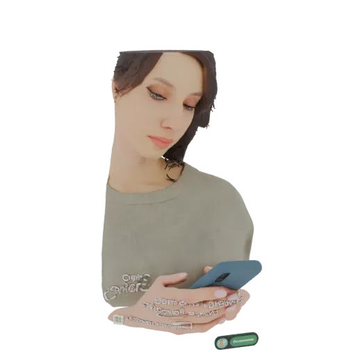 3D модель молодой женщины с темными волосами, в сером свитере, смотрящей вниз на синий смартфон в руках.