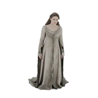 3D модель элегантной средневековой женщины в струящемся светлом платье, с длинными каштановыми волосами и задумчивым выражени