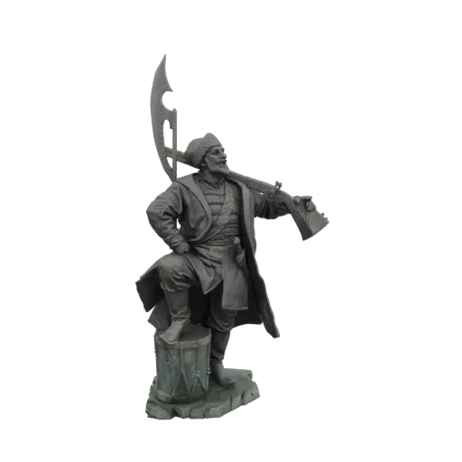 3D модель статуи казака с мушкетом и саблей, стоящего на барабане.
