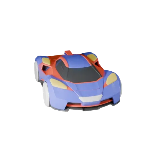 Мультяшная 3D-модель летающего автомобиля, вид в студии с трех четвертей, стилизованный актив транспортного средства с футури