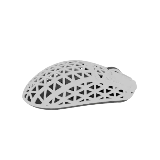 3D модель белой компьютерной мыши с дизайном корпуса в виде геометрических сот, вид сбоку.