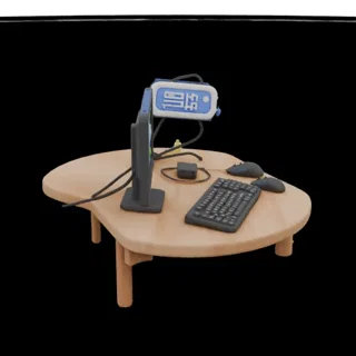 3D модель компьютерного стола с монитором, клавиатурой, мышью и веб-камерой на черном фоне