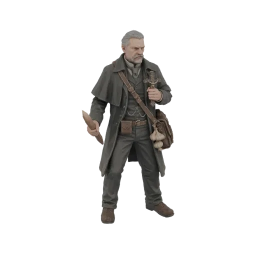 3D модель викторианского охотника на вампиров с кинжалом и чесноком, в пальто и с сумкой.
