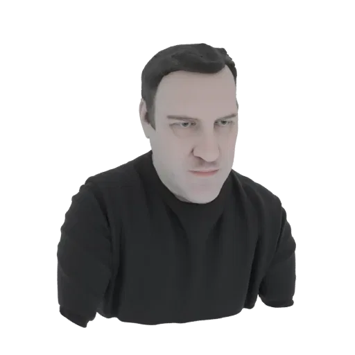 3D модель мужчины с короткими темными волосами в черной футболке, слегка повернут в сторону с нейтральным выражением лица.