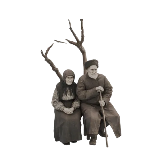 3D модель пожилой пары, сидящей на скамейке, в сепии, винтажный стиль.