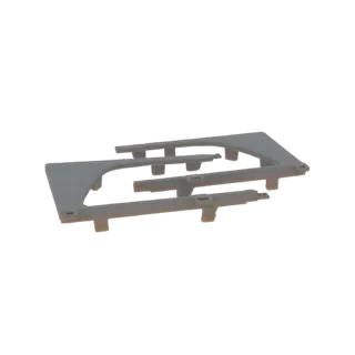 3D модель серого пластикового каркаса с множеством взаимосвязанных опорных конструкций, вид под небольшим углом сверху.
