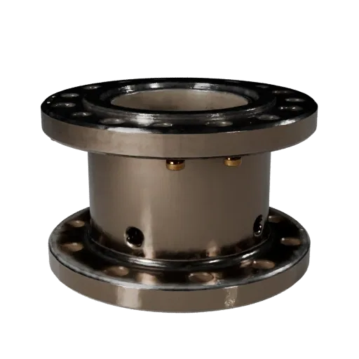 Высокополигональная 3D модель фланца трубопровода из литого металла, студийный рендер крупным планом, демонстрирующий обработ