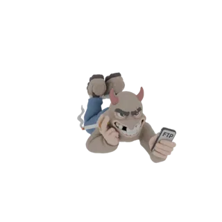 3D модель мультяшного дьявола, лежащего, курящего сигарету и смотрящего на смартфон с логотипом 'FTP' на экране.