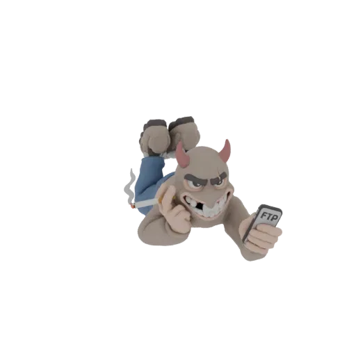 3D модель мультяшного дьявола, лежащего, курящего сигарету и смотрящего на смартфон с логотипом 'FTP' на экране.