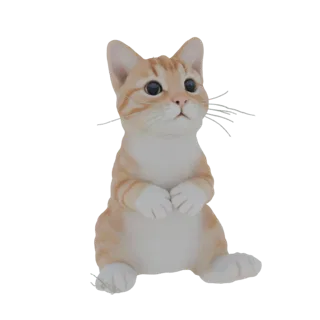 3D модель милой рыжей полосатой кошки, сидящей прямо с передними лапками вместе, смотрящей вверх большими глазами.