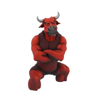 3D model of a red, muscular bull warrior with horns and crossed arms, standing in a powerful pose.