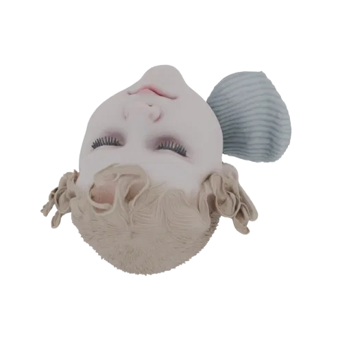 3D модель викторианской кукольной головки, вид сверху, со светлыми кудрявыми волосами и голубым чепчиком.