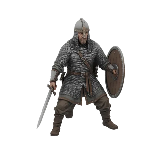 3D модель средневекового воина в кольчуге, с мечом и щитом, на белом фоне.