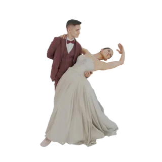 3D модель мужчины в бордовом костюме, танцующего с женщиной в струящемся белом платье, запечатленных в элегантной позе.
