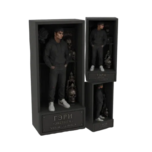 Рендер 3D модели темной готической фигуры в диораме-витрине с черепами и мрачной эстетикой.
