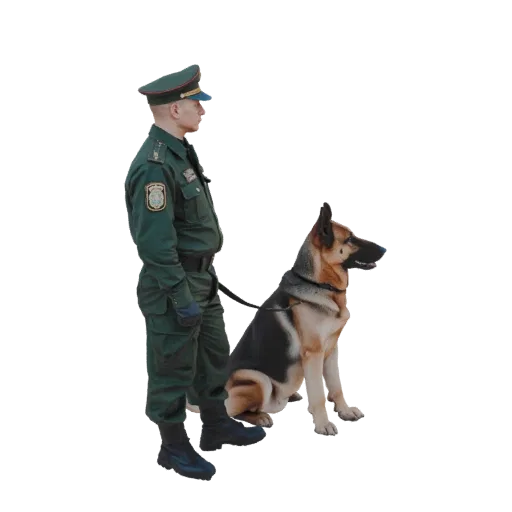 3D модель пограничника в зеленой форме стоит рядом с немецкой овчаркой.
