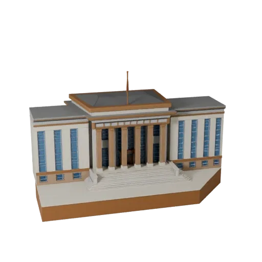 Стилизованная 3D модель здания суда, изометрический вид стилизованной игровой среды, показывающий материалы общественного зда