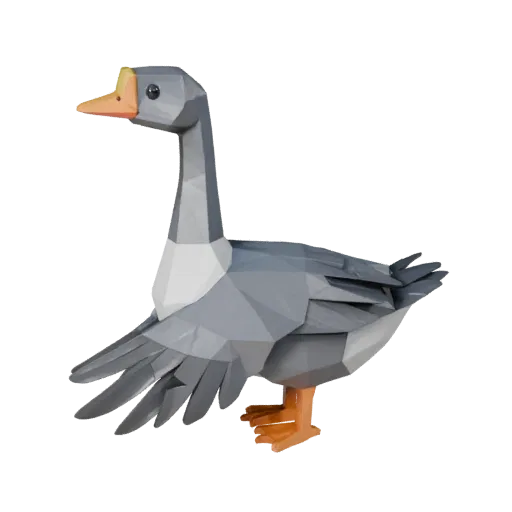 Низкополигональная 3D-модель гуся, вид сбоку в игровой камере, низкополигональная модель животного с детализацией веера хвост