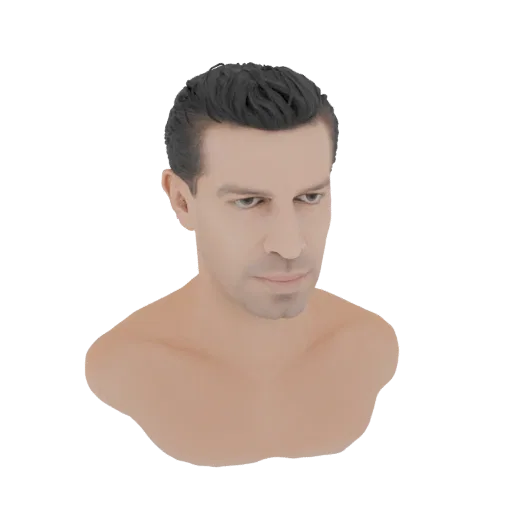 3D рендер реалистичного мужского бюста с темными волосами и нейтральным выражением лица, представленный на белом фоне.