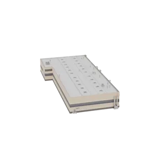 3D модель современного промышленного складского здания с плоской крышей и видимыми блоками ОВиК.
