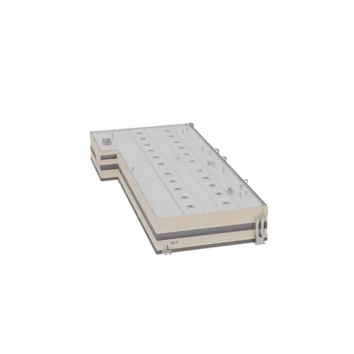 3D модель современного промышленного складского здания с плоской крышей и видимыми блоками ОВиК.