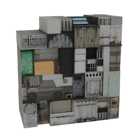 3D модель плотного, хаотичного скопления городских обломков, включая контейнеры, окна и архитектурные фрагменты.
