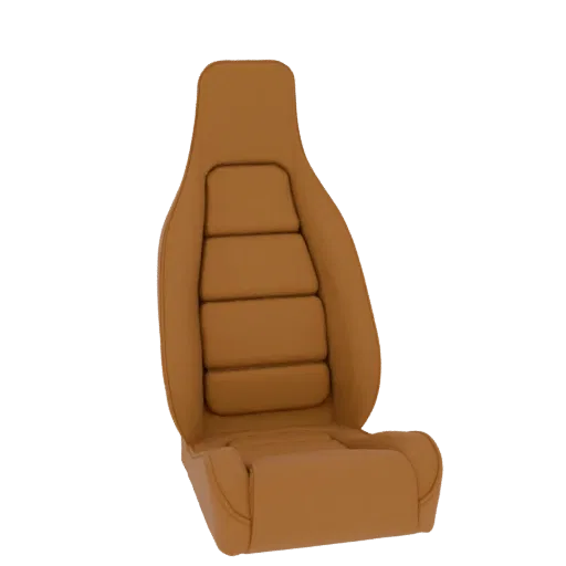 Реалистичная 3D модель автокресла с коричневой кожаной обивкой и видимой прострочкой.