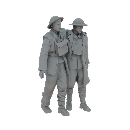 3D модель двух солдат Первой мировой, один из которых поддерживает раненого товарища, с детализированной униформой и снаряжен
