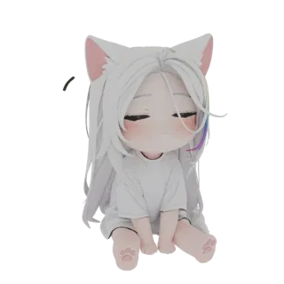 3D модель милой чиби девушки-кошки с белыми волосами и кошачьими ушками, сидящей с закрытыми глазами и легким румянцем.