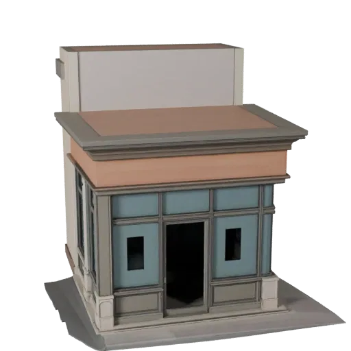 Стилизованная 3D модель фасада витрины, изометрический стилизованный вид игрового окружения, показывающий материалы фасада зд