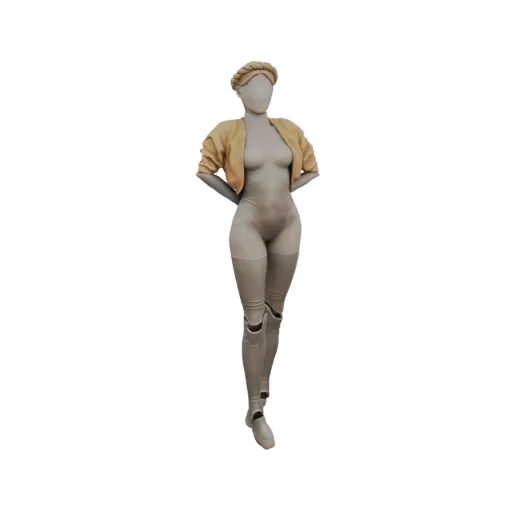 3D модель стилизованного женского манекена в светло-коричневом укороченном пиджаке и соответствующем берете, с руками за спин