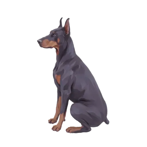 3D model of a Doberman Pinscher dog sitting attentively, with dark coat and tan markings, viewed from the side.