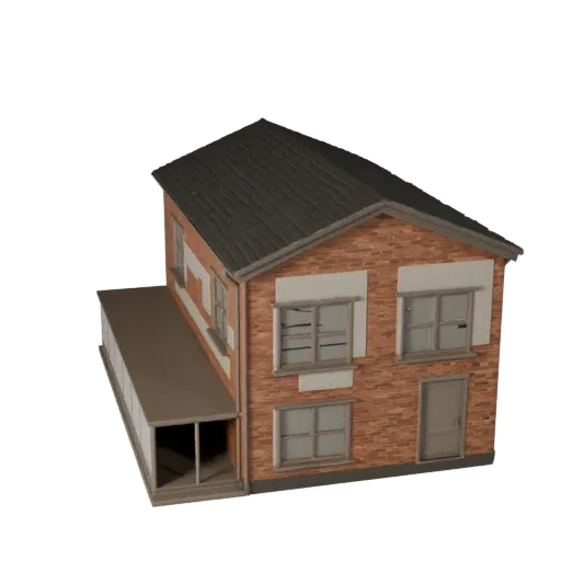 Реалистичная 3D модель крошечного дома, вид с трех четвертей снаружи, показывающий материалы жилого здания и архитектурные де