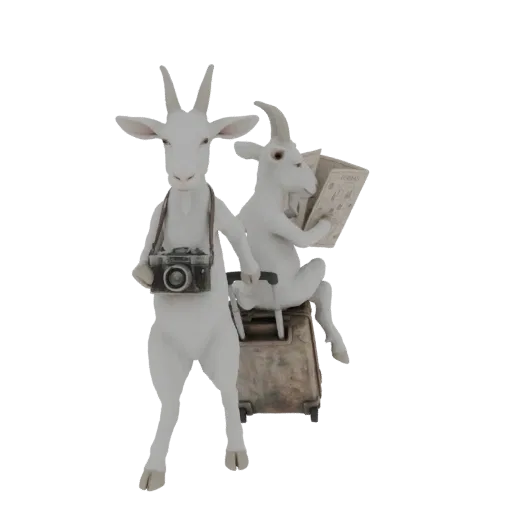 Рендер 3D модели двух белых коз: одна стоит с винтажной камерой, другая сидит на чемодане, изучая карту.