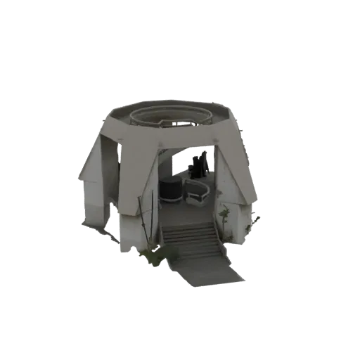 3D модель футуристической входной структуры с геометрическими стенами, круглым верхним проемом и лестницей, ведущей к входу.