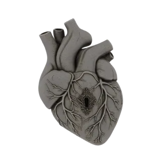 3D модель анатомического сердца с текстурой камня и детализированной замочной скважиной в центре на черном фоне.