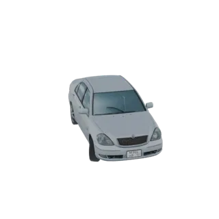 3D model of a white sedan car with a visible license plate, shown from a slightly elevated front-right angle.