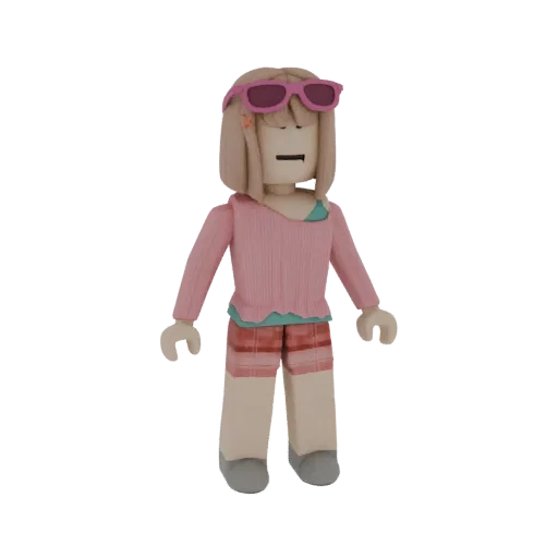 3D модель девушки в стиле Roblox со светлыми волосами, розовыми очками, розовым свитером и клетчатыми шортами, стоящая на бел