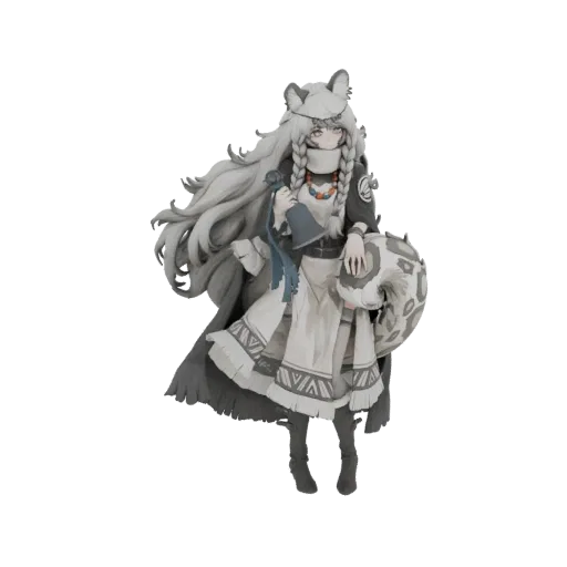 3D модель Праманикс из Arknights, беловолосая девушка с волчьими ушами, в одежде в племенном стиле и меховом плаще.