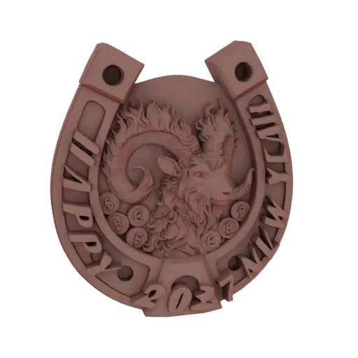 3D модель подковы с головой барана, символами Биткоина и текстом 'С Новым 2027 Годом', выполненная в бронзовом материале.