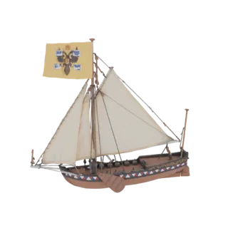 3D модель императорской русской яхты XVIII века с развернутыми парусами и желтым флагом с двуглавым орлом.