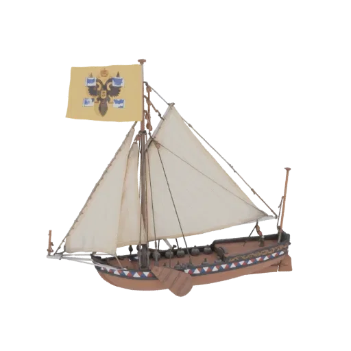 3D модель императорской русской яхты XVIII века с развернутыми парусами и желтым флагом с двуглавым орлом.