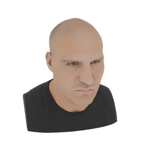 Рендер 3D модели бюста головы и плеч лысого мужчины, с голубыми глазами и нейтральным выражением лица.
