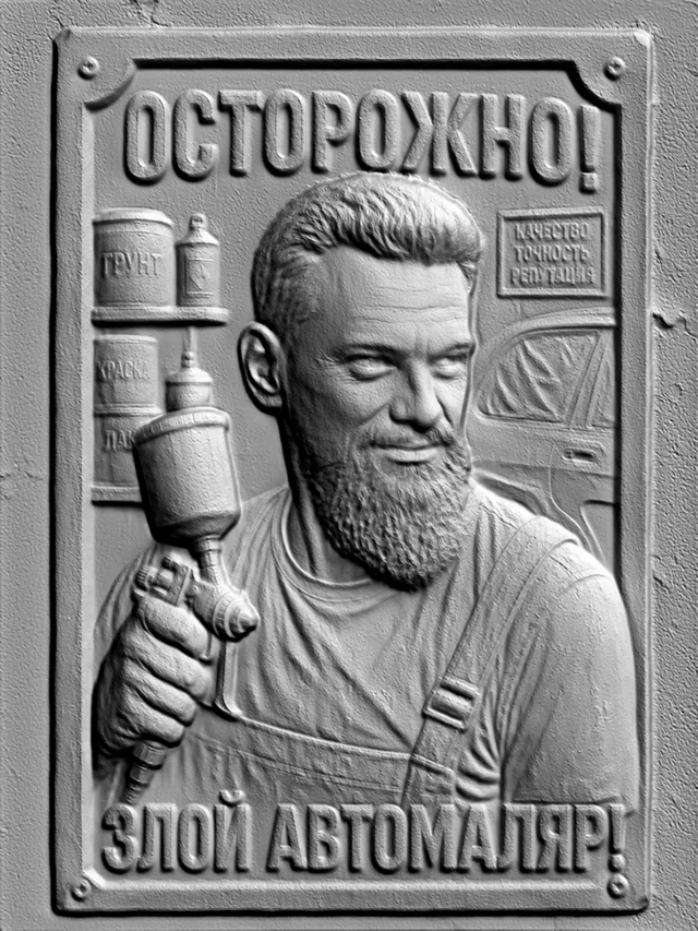 3D модель барельефа "Злой Автомаляр" с краскопультом, банки краски, ретро-плакат